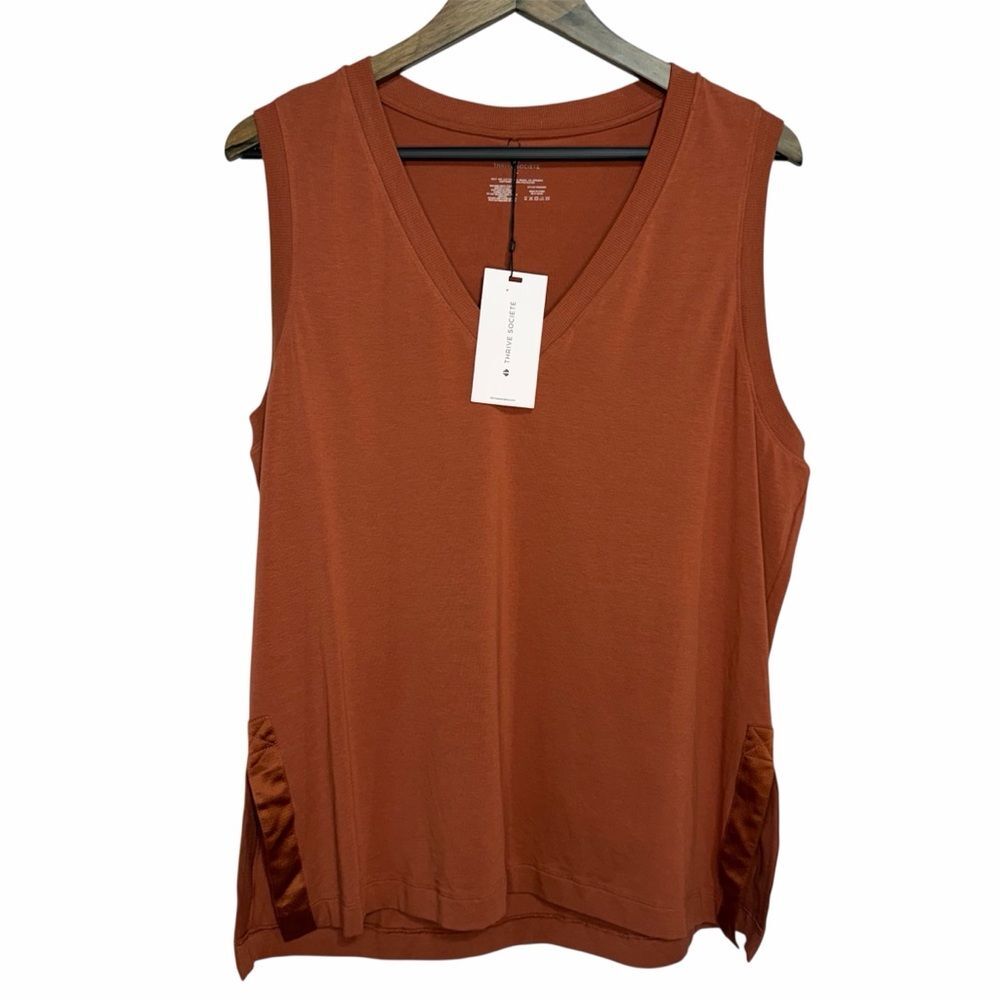 NWT Thrive Societe Long Line Slit Tank Top size Large Burnt Orange V-Neck Modal